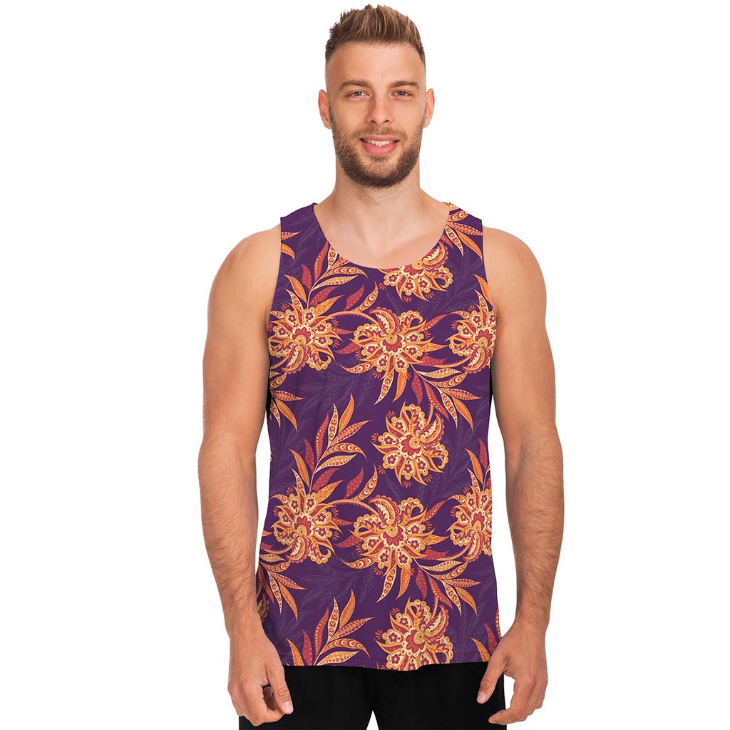 Tangerine Floral Bohemian Pattern Print Men's Tank Top