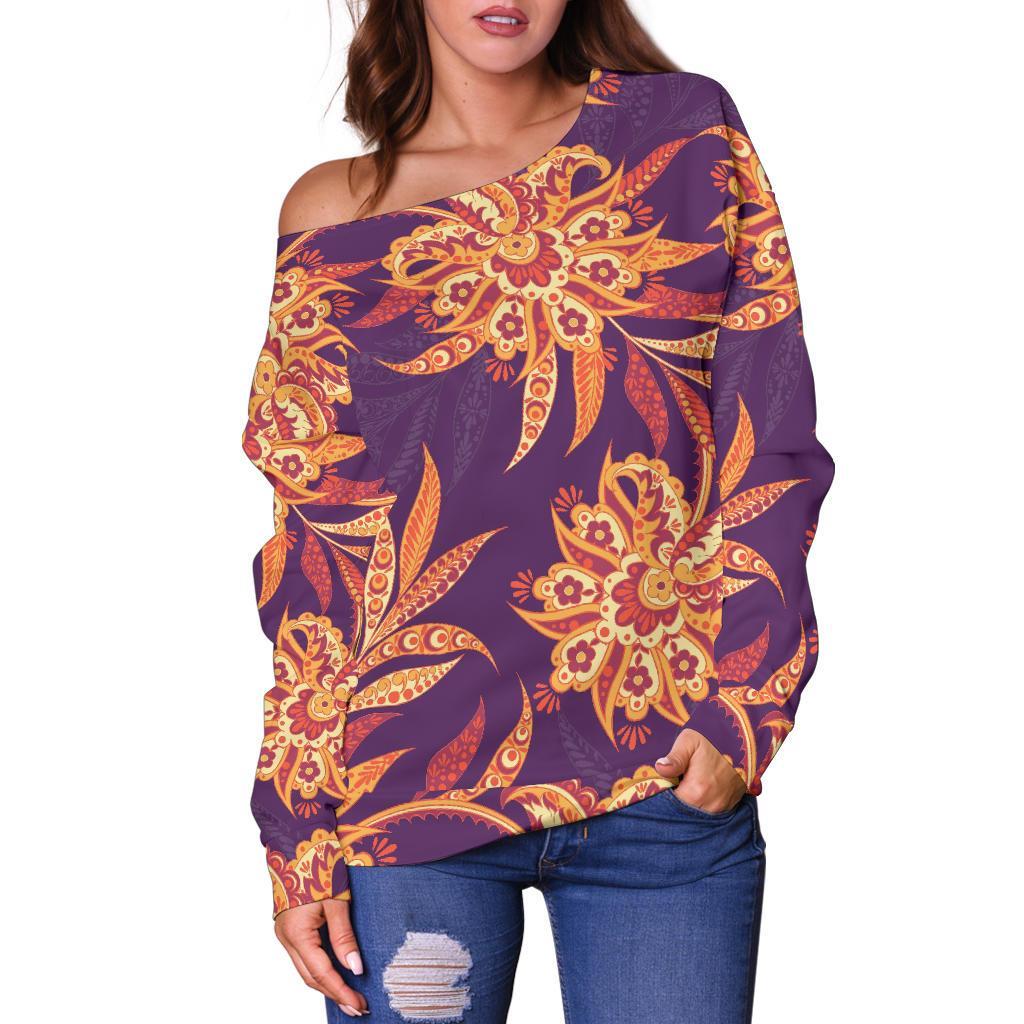 Tangerine Floral Bohemian Pattern Print Off Shoulder Sweatshirt GearFrost