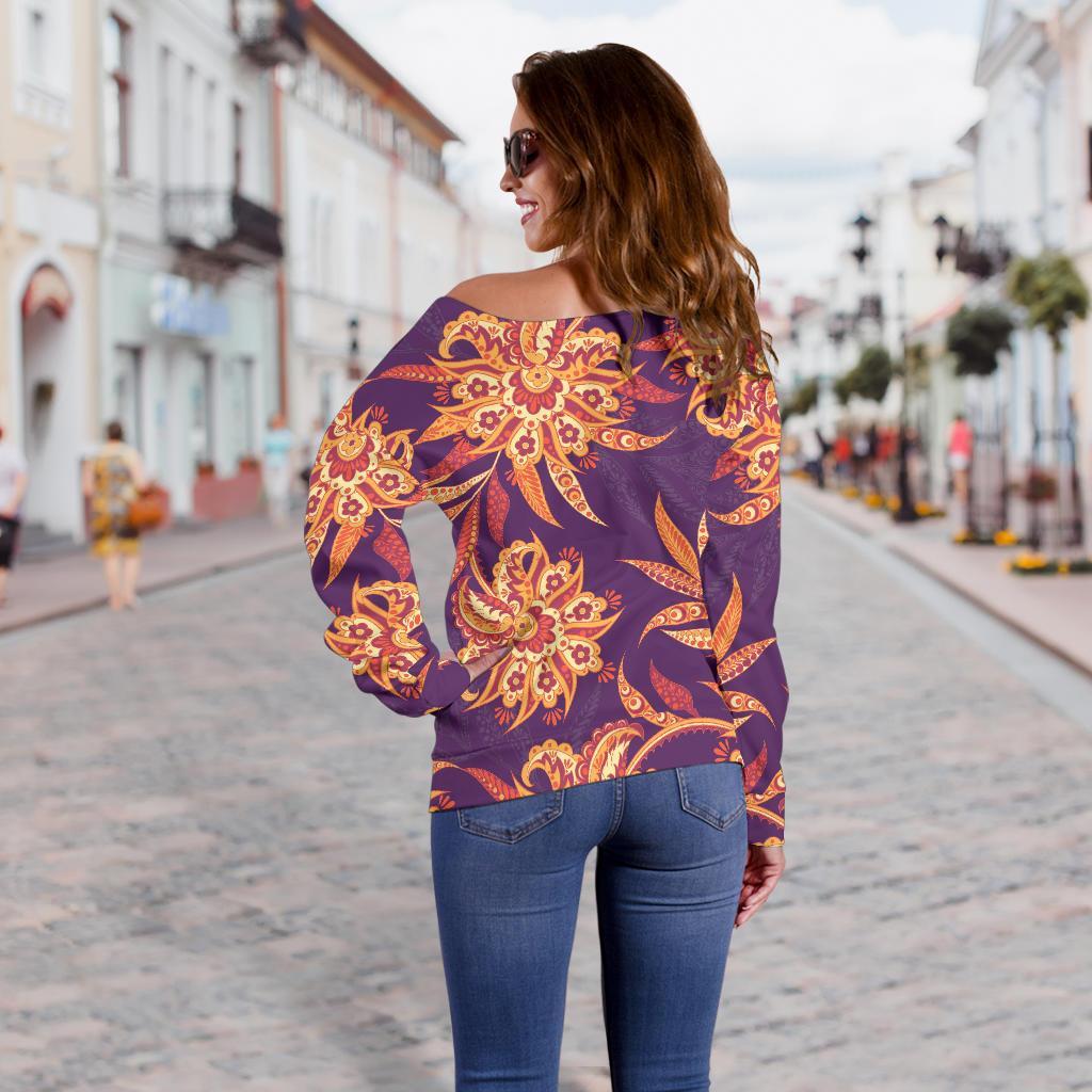 Tangerine Floral Bohemian Pattern Print Off Shoulder Sweatshirt GearFrost