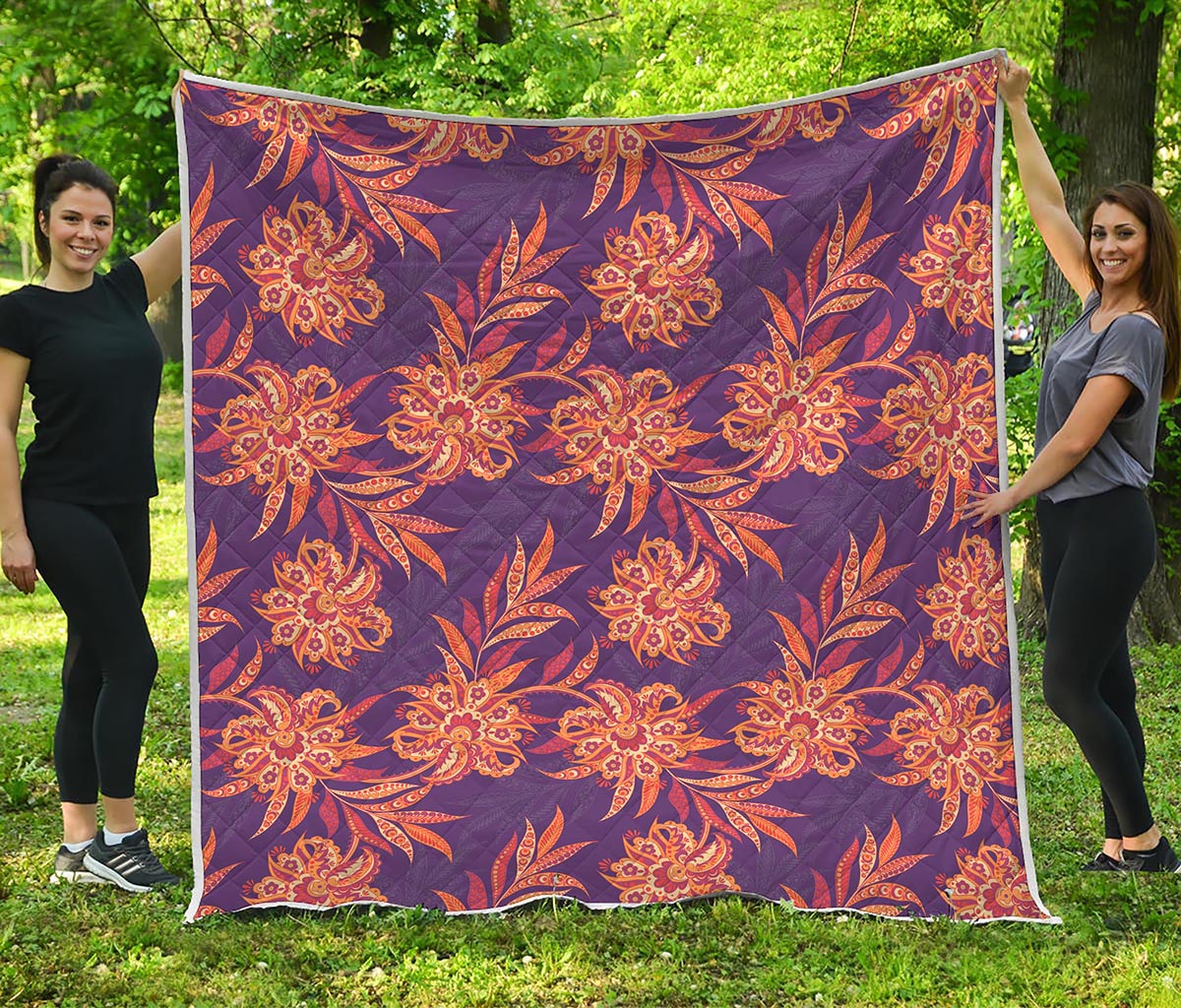 Tangerine Floral Bohemian Pattern Print Quilt