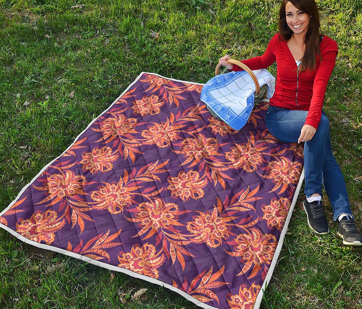 Tangerine Floral Bohemian Pattern Print Quilt