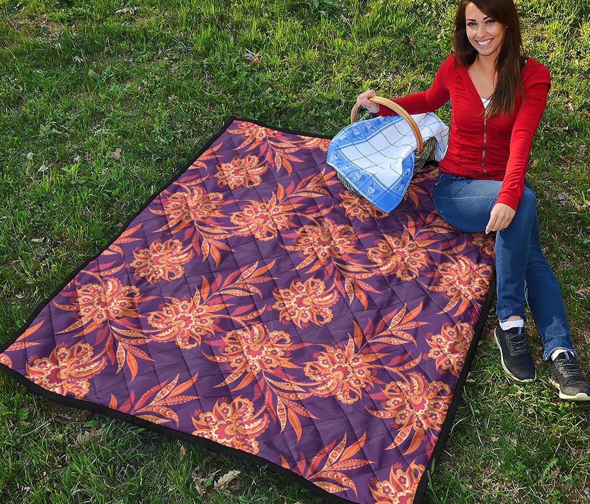 Tangerine Floral Bohemian Pattern Print Quilt