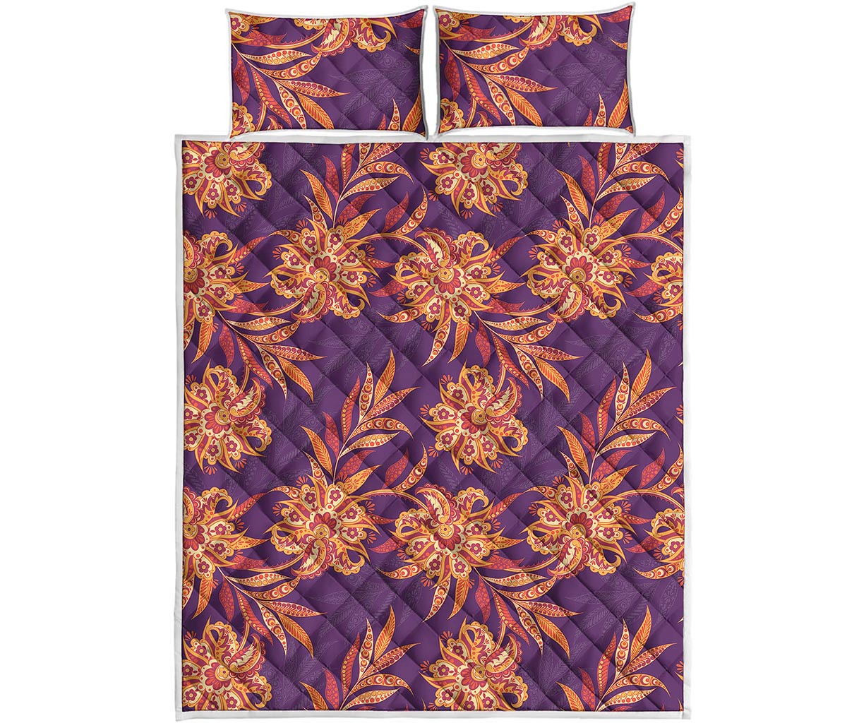 Tangerine Floral Bohemian Pattern Print Quilt Bed Set