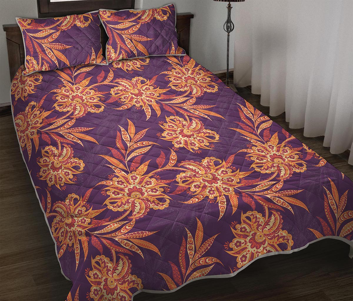 Tangerine Floral Bohemian Pattern Print Quilt Bed Set