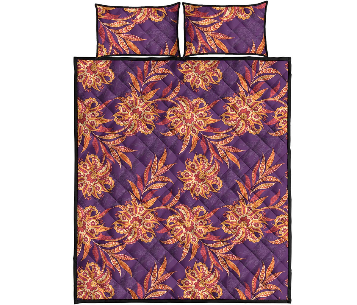 Tangerine Floral Bohemian Pattern Print Quilt Bed Set