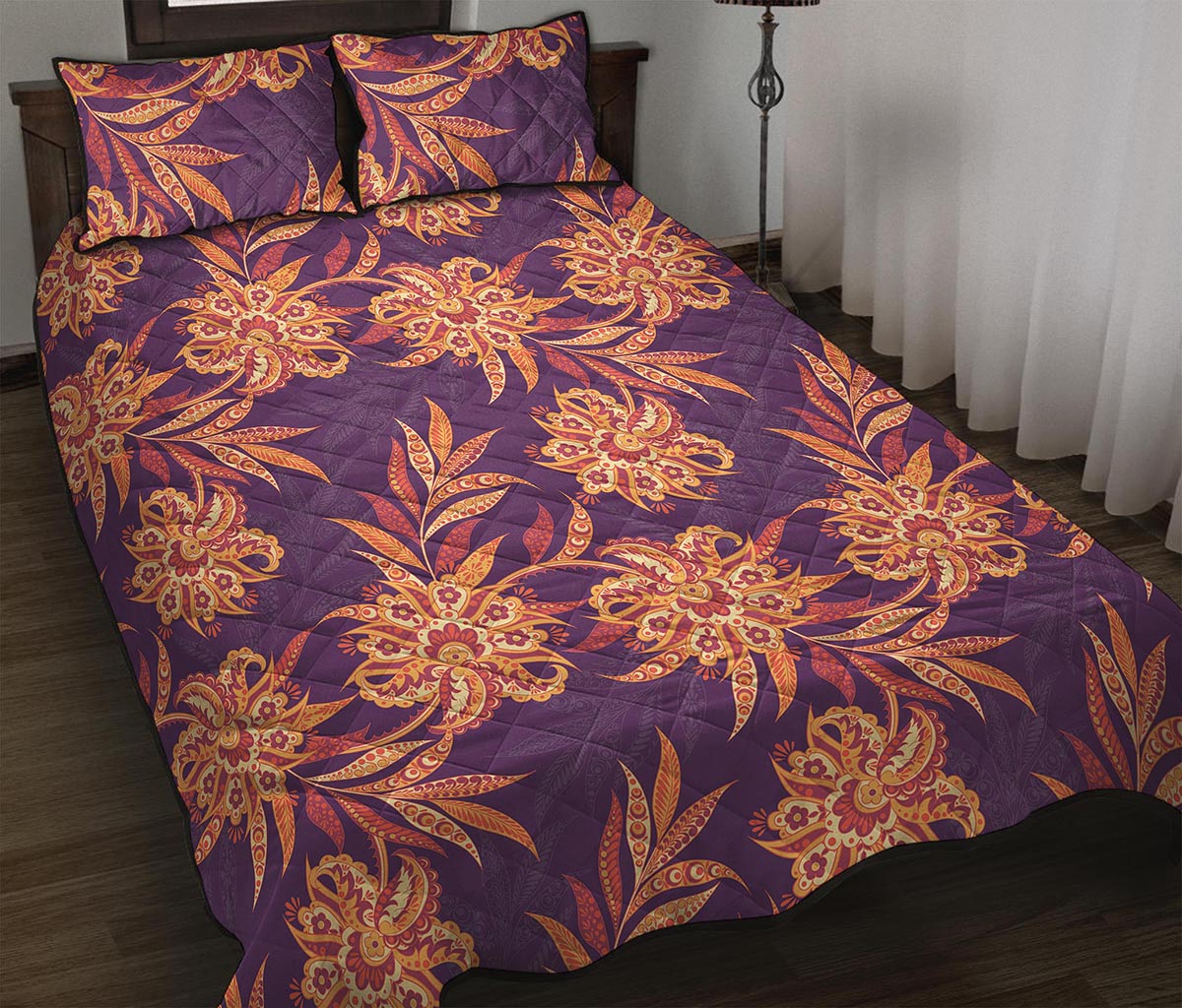 Tangerine Floral Bohemian Pattern Print Quilt Bed Set