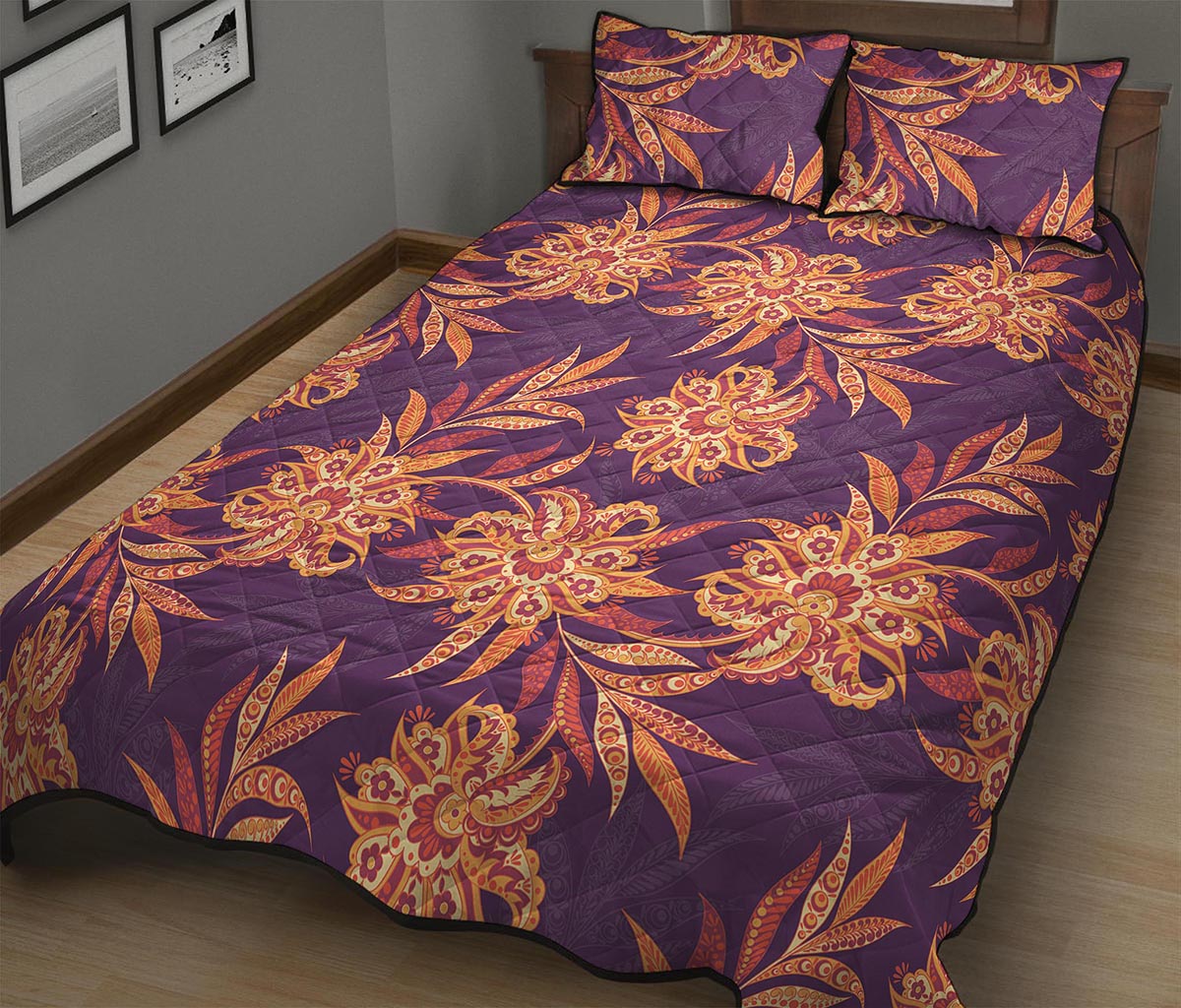 Tangerine Floral Bohemian Pattern Print Quilt Bed Set