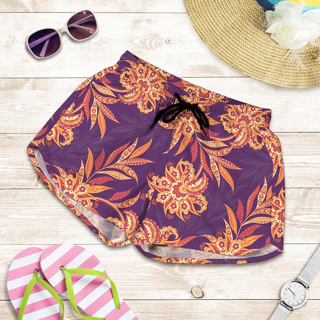 Tangerine Floral Bohemian Pattern Print Women's Shorts