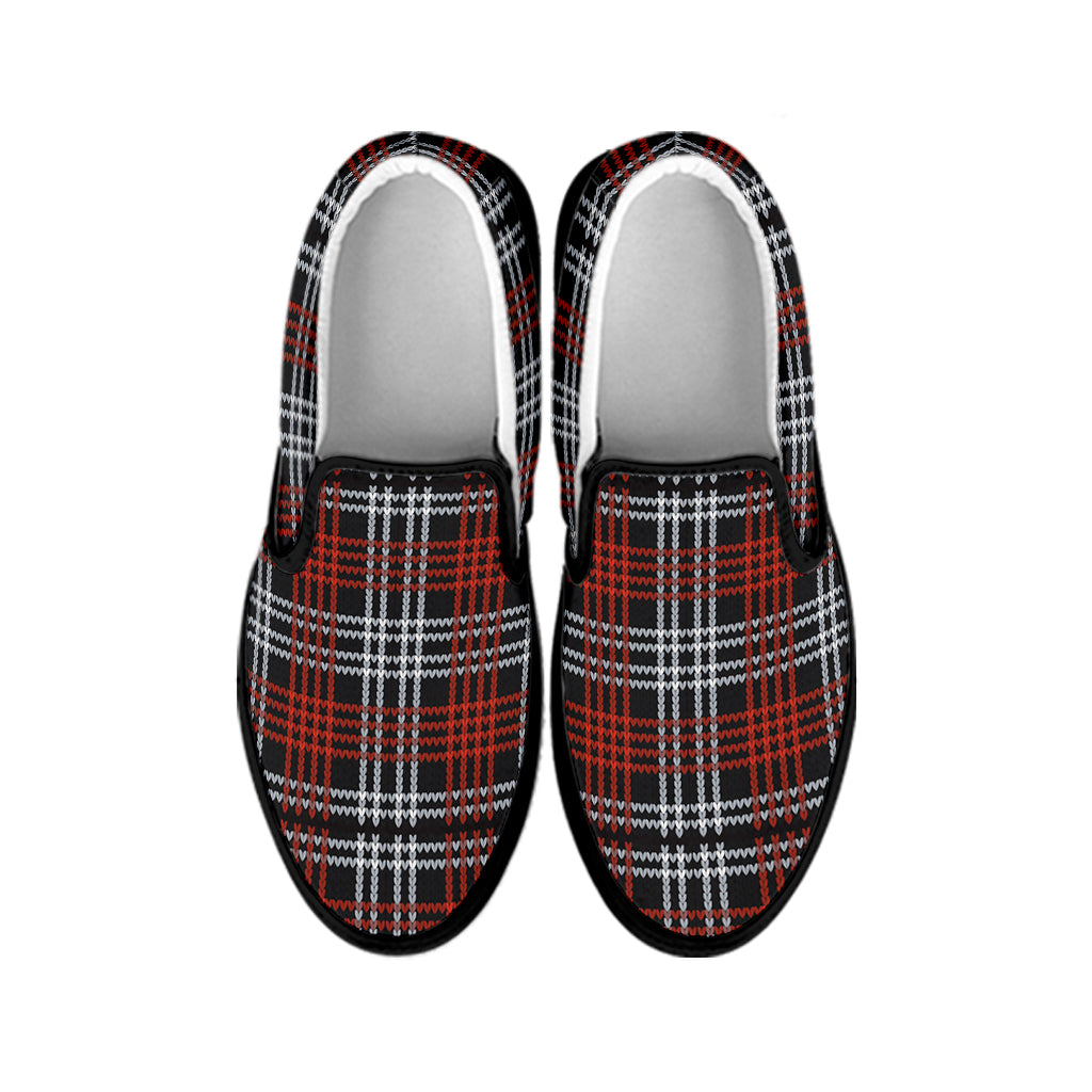 Tartan Knitted Pattern Print Black Slip On Shoes