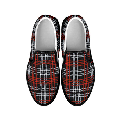 Tartan Knitted Pattern Print Black Slip On Shoes