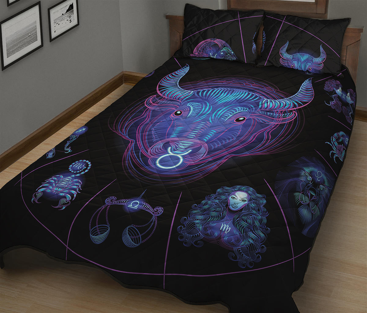 Taurus And Astrological Signs Print Quilt Bed Set