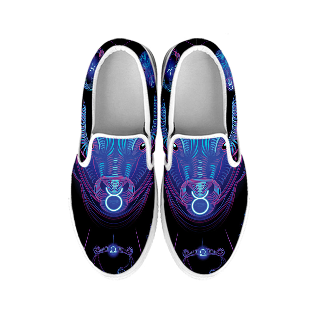 Taurus And Astrological Signs Print White Slip On Shoes