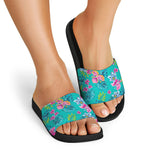 Teal Aloha Tropical Pattern Print Black Slide Sandals