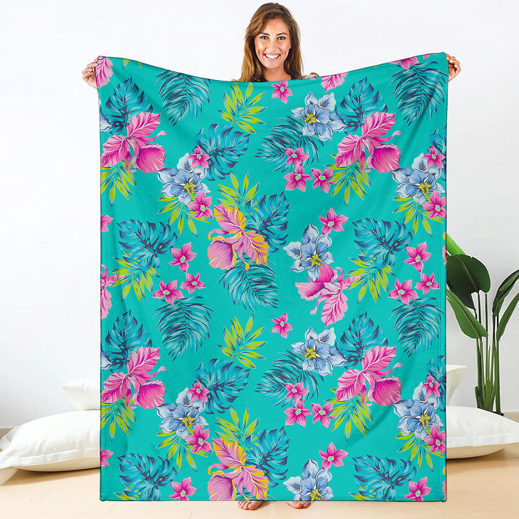 Teal Aloha Tropical Pattern Print Blanket