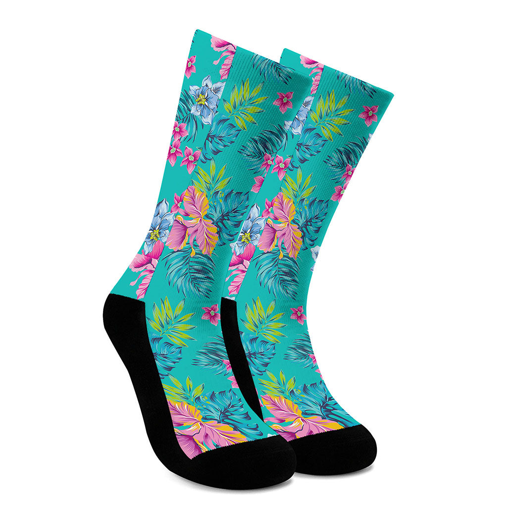 Teal Aloha Tropical Pattern Print Crew Socks