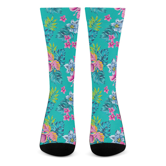 Teal Aloha Tropical Pattern Print Crew Socks