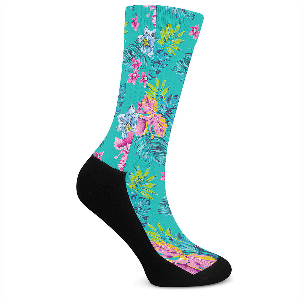 Teal Aloha Tropical Pattern Print Crew Socks