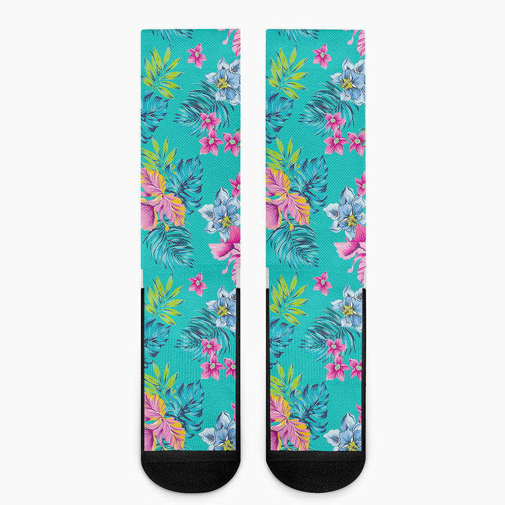 Teal Aloha Tropical Pattern Print Crew Socks