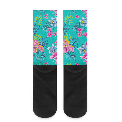 Teal Aloha Tropical Pattern Print Crew Socks