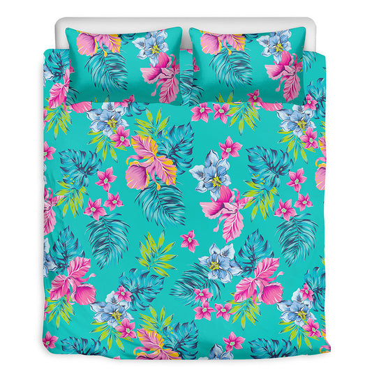 Teal Aloha Tropical Pattern Print Duvet Cover Bedding Set