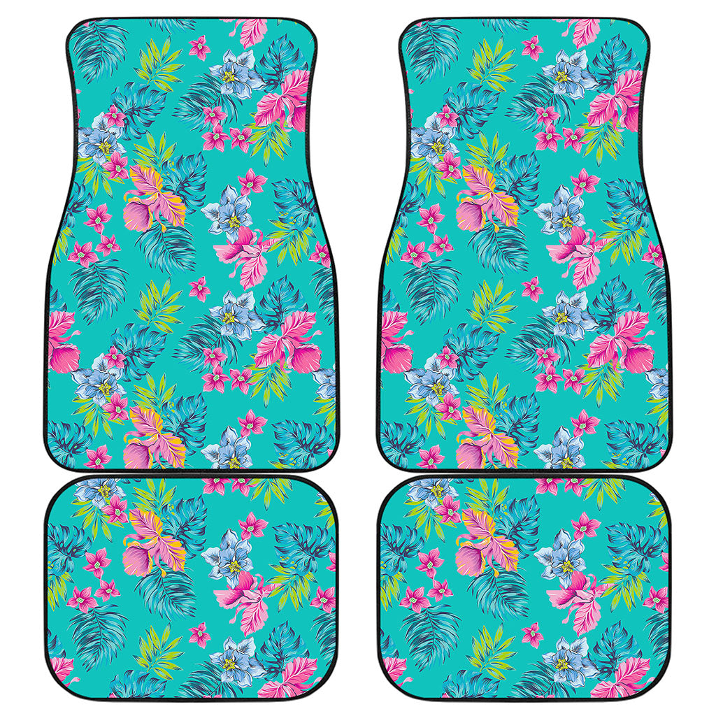 Teal Aloha Tropical Pattern Print Front and Back Car Floor Mats