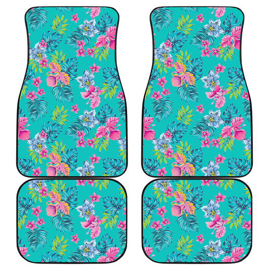 Teal Aloha Tropical Pattern Print Front and Back Car Floor Mats