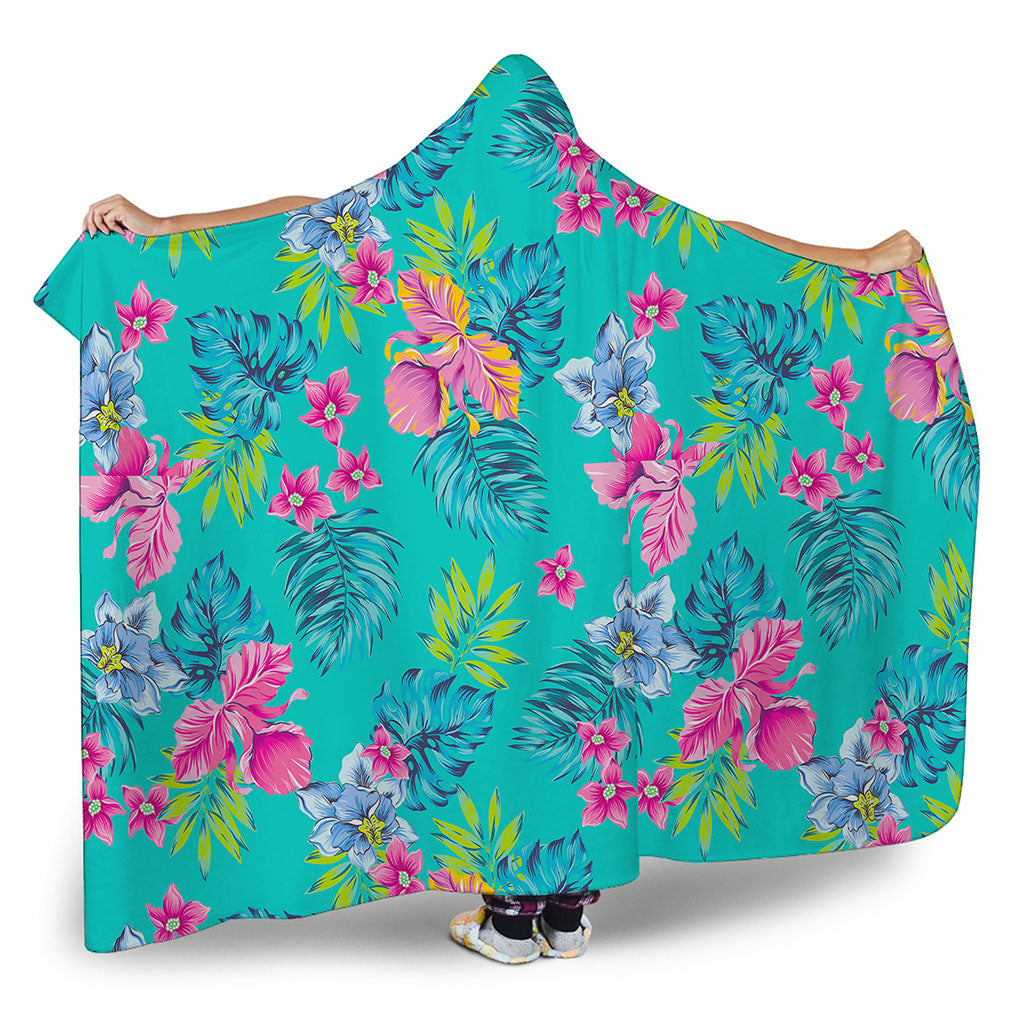 Teal Aloha Tropical Pattern Print Hooded Blanket