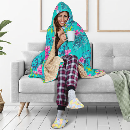 Teal Aloha Tropical Pattern Print Hooded Blanket