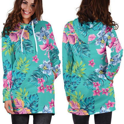 Teal Aloha Tropical Pattern Print Hoodie Dress GearFrost
