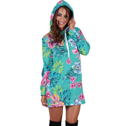 Teal Aloha Tropical Pattern Print Hoodie Dress GearFrost