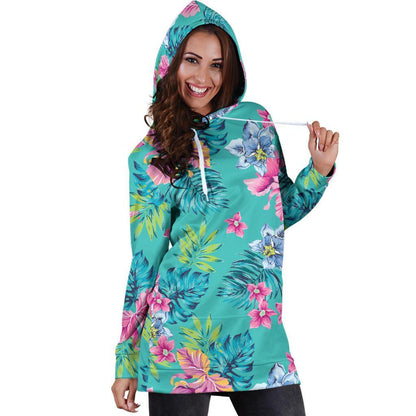 Teal Aloha Tropical Pattern Print Hoodie Dress GearFrost