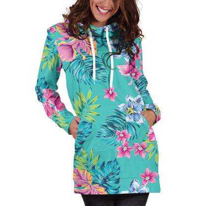Teal Aloha Tropical Pattern Print Hoodie Dress GearFrost