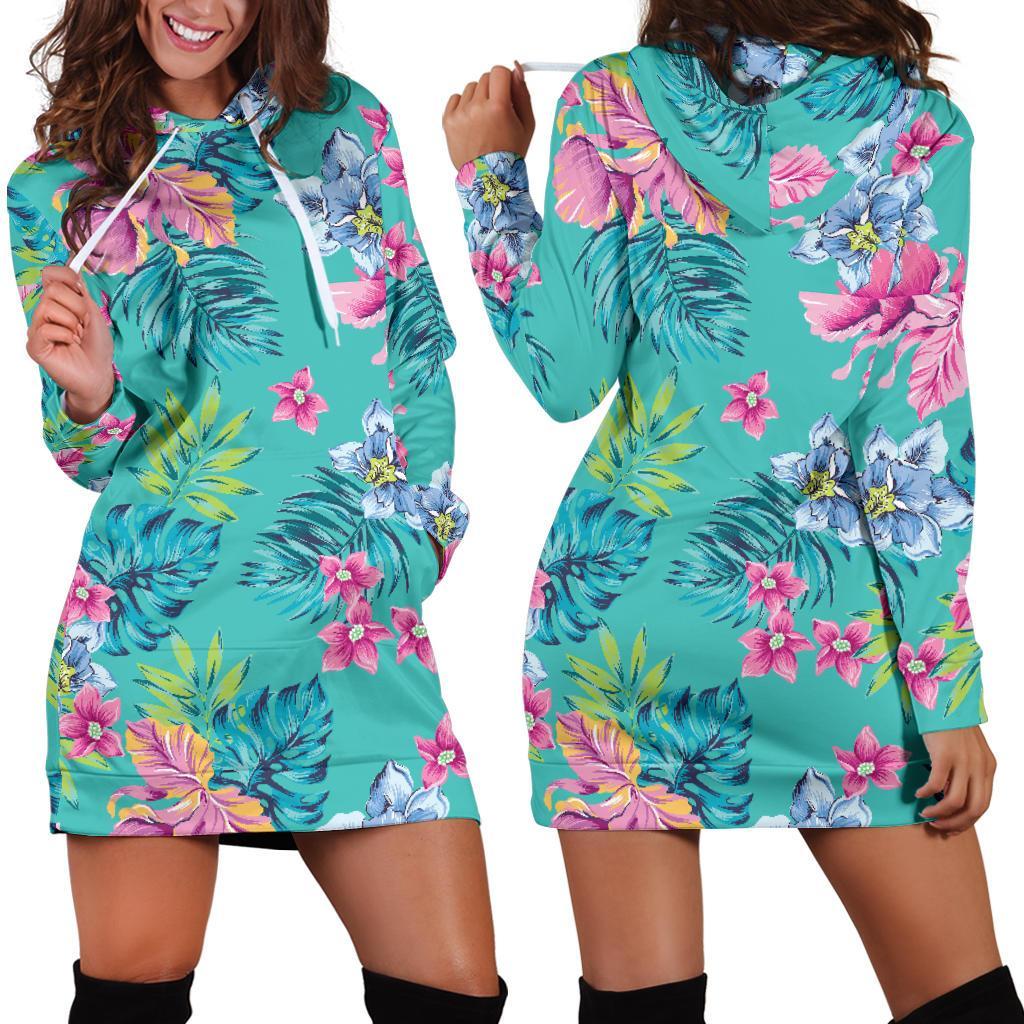 Teal Aloha Tropical Pattern Print Hoodie Dress GearFrost