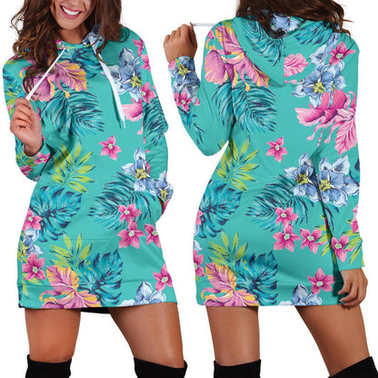 Teal Aloha Tropical Pattern Print Hoodie Dress GearFrost