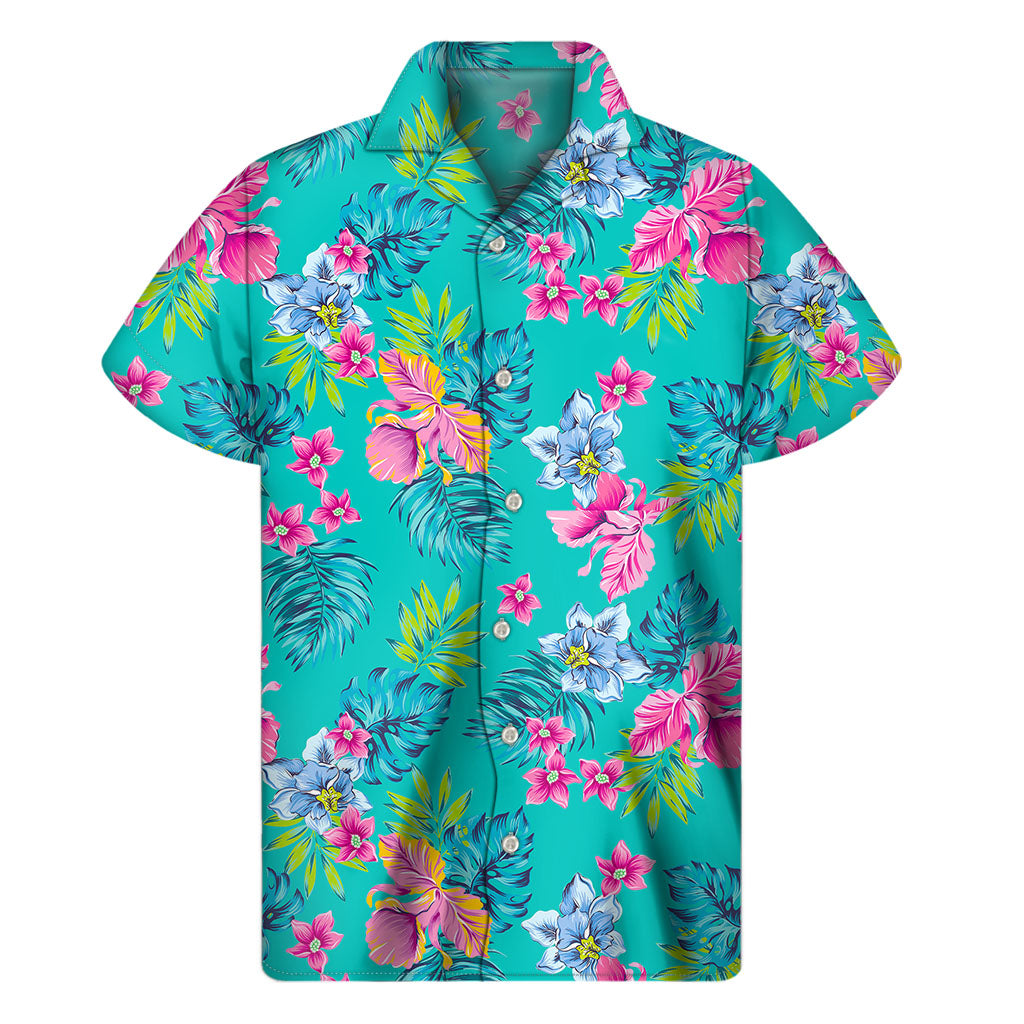 Teal Aloha Tropical Pattern Print Men's Short Sleeve Shirt