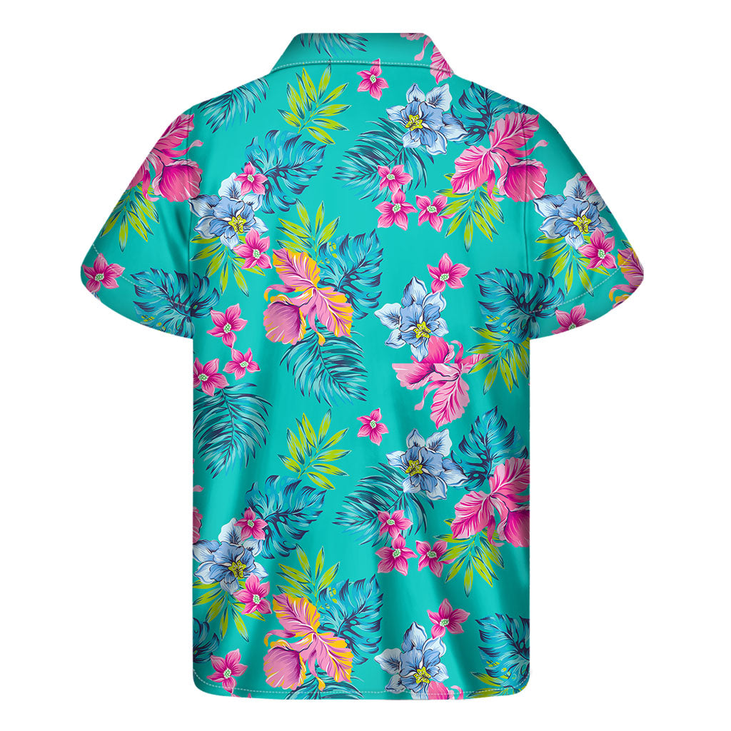 Teal Aloha Tropical Pattern Print Men's Short Sleeve Shirt