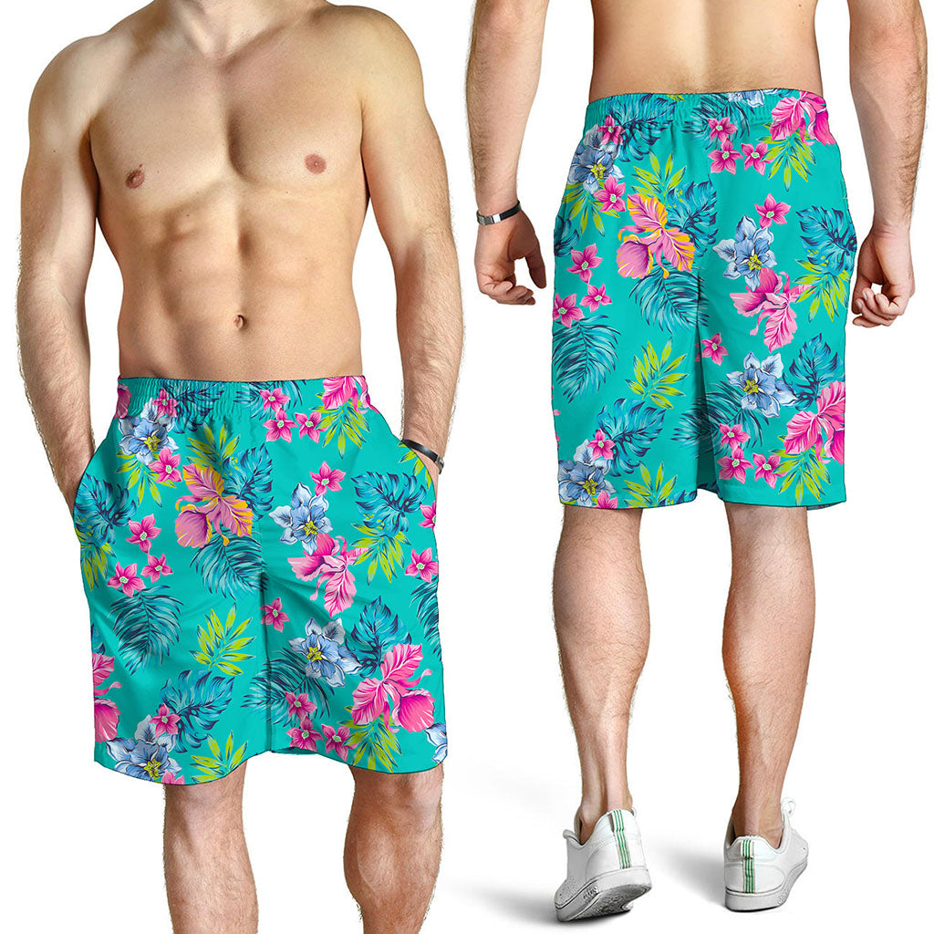 Teal Aloha Tropical Pattern Print Men's Shorts