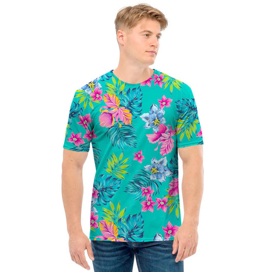 Teal Aloha Tropical Pattern Print Men's T-Shirt