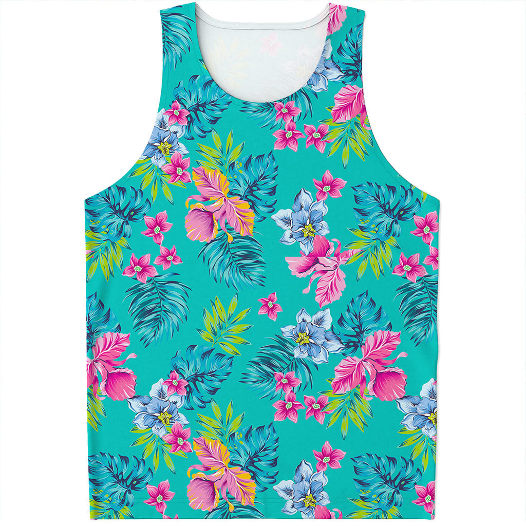 Teal Aloha Tropical Pattern Print Men's Tank Top