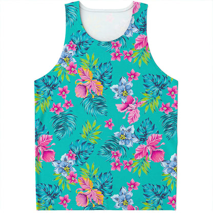 Teal Aloha Tropical Pattern Print Men's Tank Top