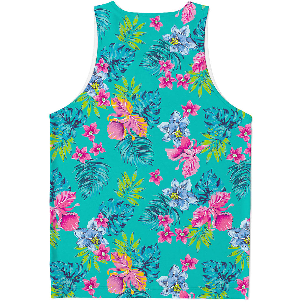 Teal Aloha Tropical Pattern Print Men's Tank Top