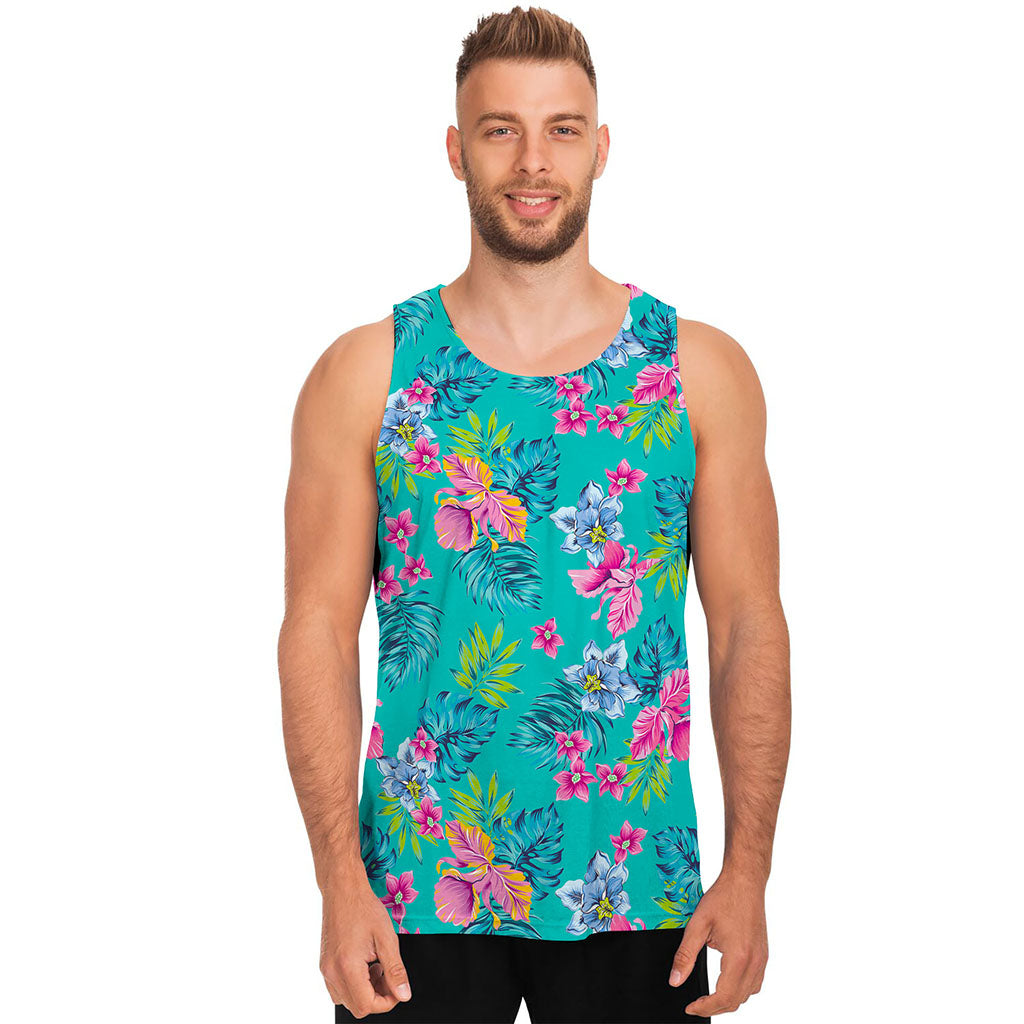 Teal Aloha Tropical Pattern Print Men's Tank Top