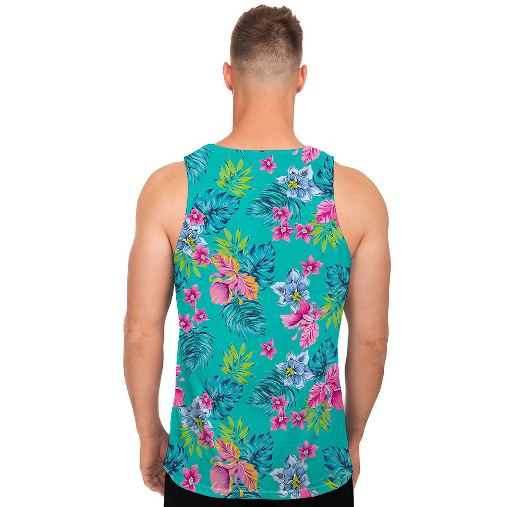 Teal Aloha Tropical Pattern Print Men's Tank Top