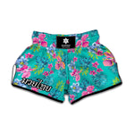 Teal Aloha Tropical Pattern Print Muay Thai Boxing Shorts