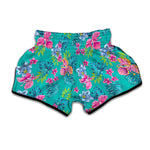 Teal Aloha Tropical Pattern Print Muay Thai Boxing Shorts