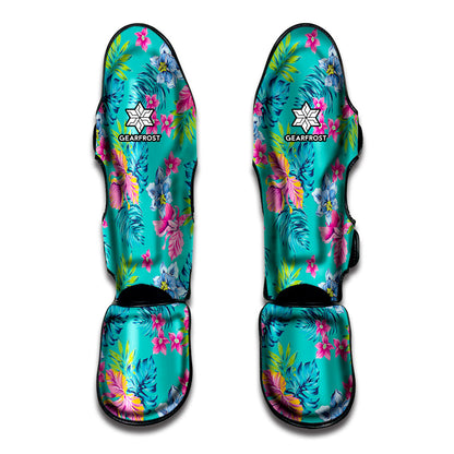 Teal Aloha Tropical Pattern Print Muay Thai Shin Guard