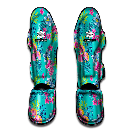 Teal Aloha Tropical Pattern Print Muay Thai Shin Guard