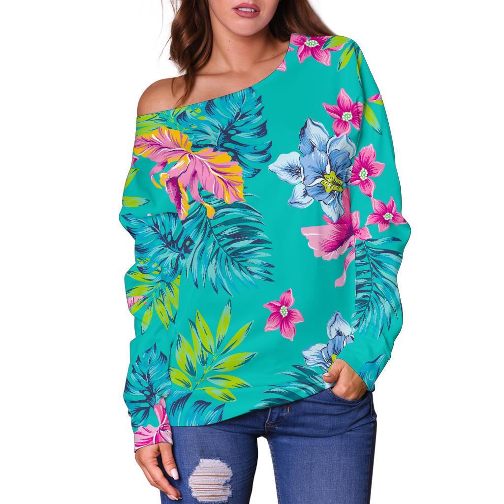 Teal Aloha Tropical Pattern Print Off Shoulder Sweatshirt GearFrost