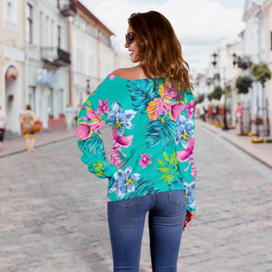 Teal Aloha Tropical Pattern Print Off Shoulder Sweatshirt GearFrost