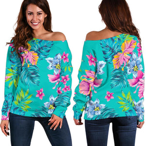 Teal Aloha Tropical Pattern Print Off Shoulder Sweatshirt GearFrost